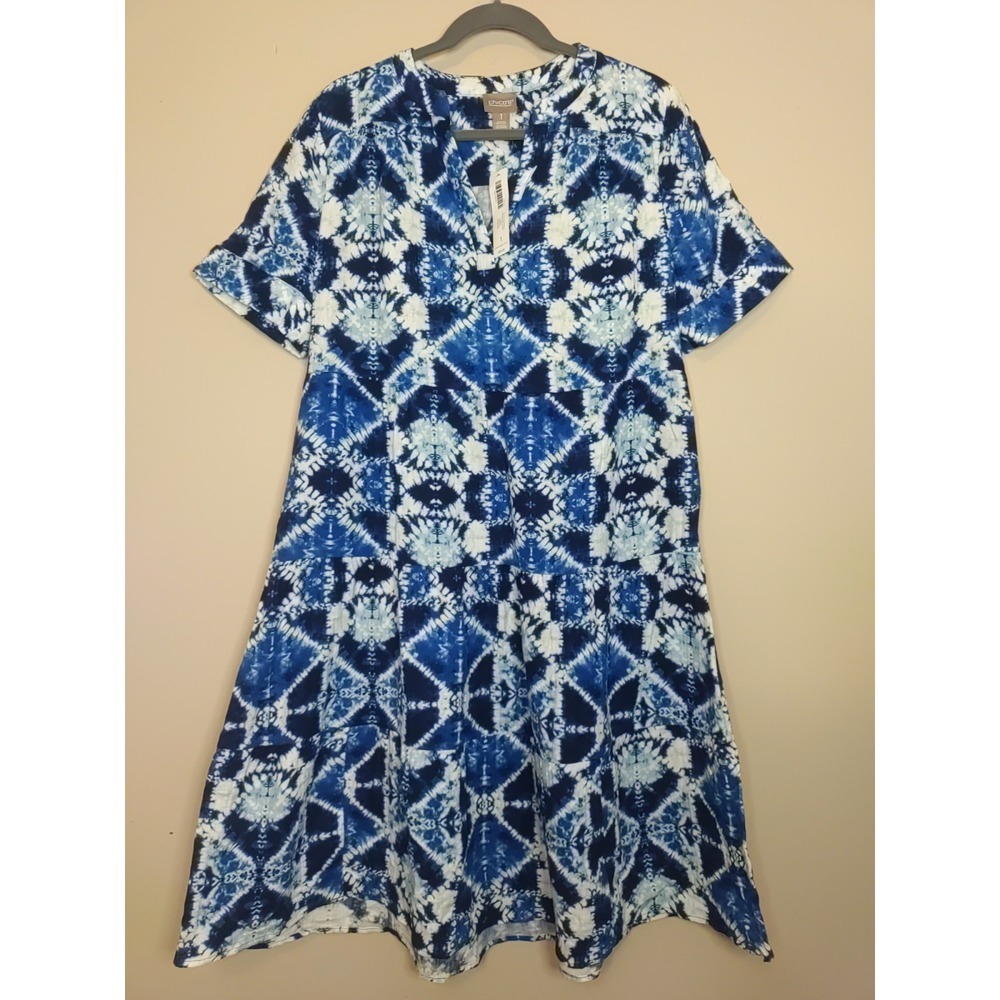 Chicos Tye Dye Diamond Blue Gauze Midi Dress Size M (1)